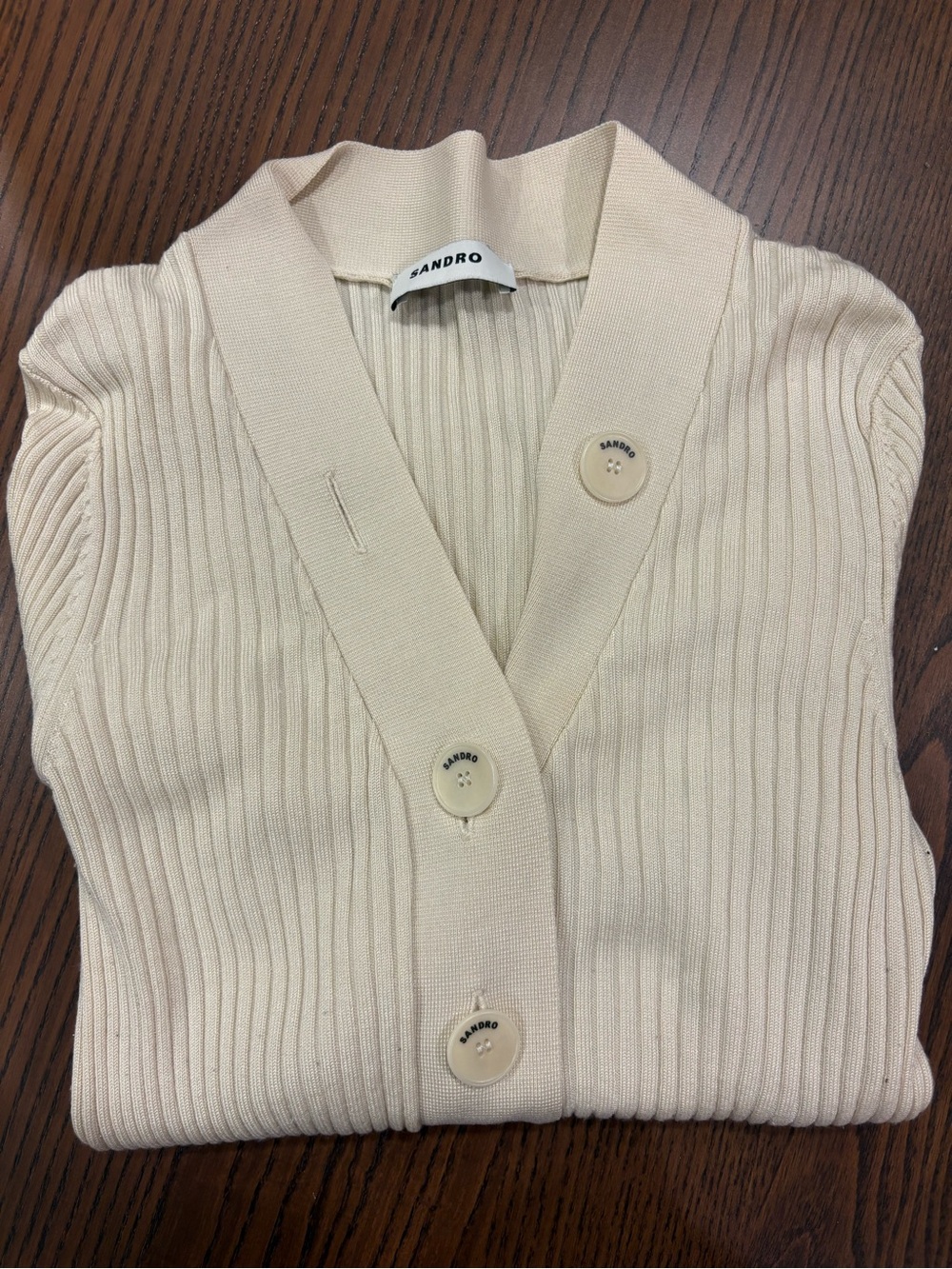 Sandro Cream Ribbed V-Neck Button-Up Cardigan